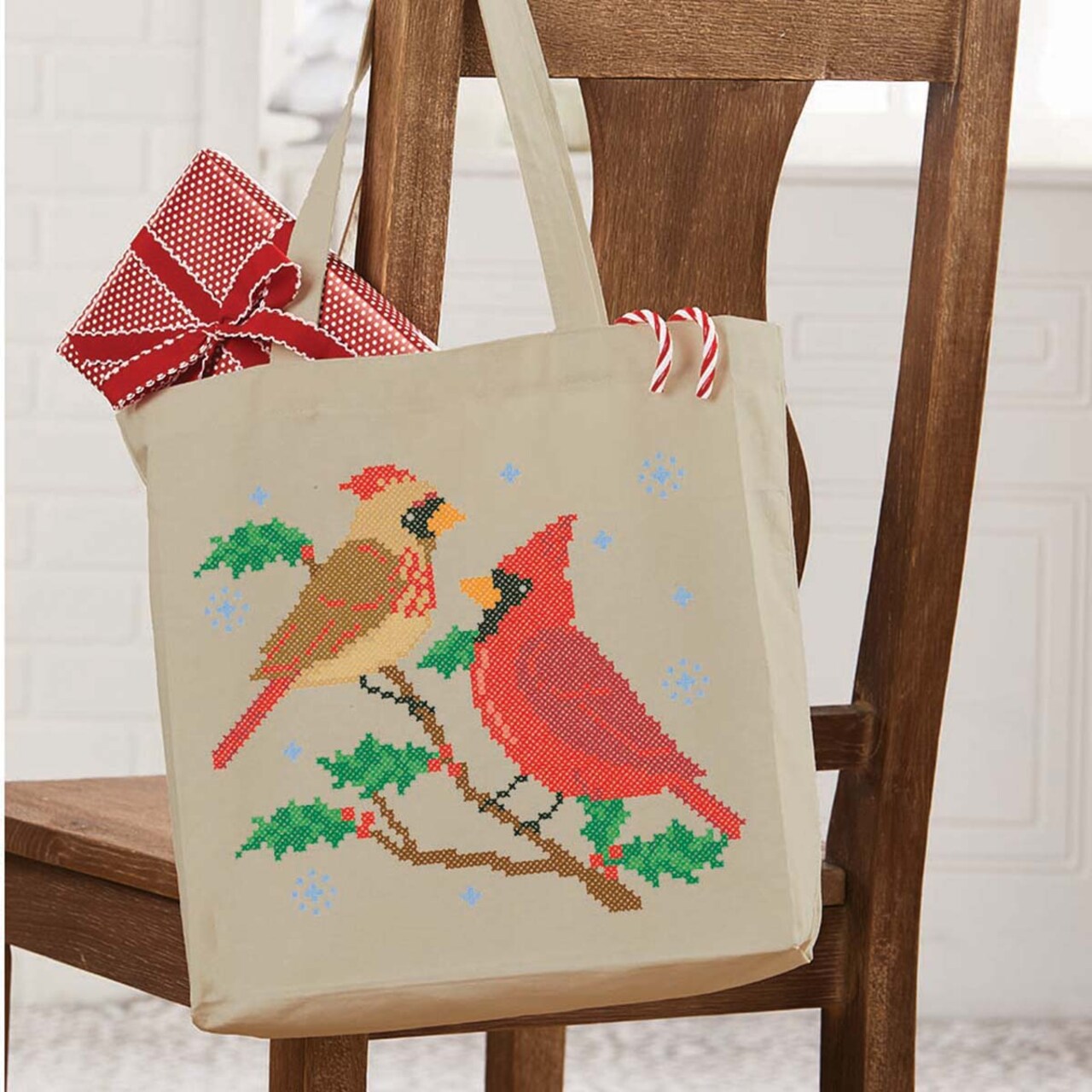 Herrschners Christmas Cardinals Tote Bag Stamped Cross-Stitch Kit